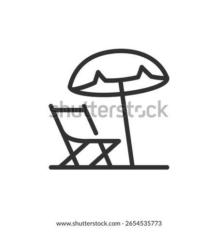Beach umbrella and lounge chair, linear icon. Seaside relaxation, summer vacation, or resort rest. Line with editable stroke.