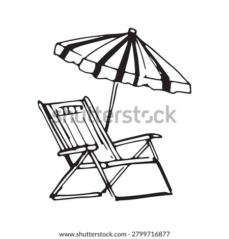 Beach umbrella and lounge chair scene, black and white graphic illustration. Hand-drawn striped parasol with deck chair, bold fill style, isolated on white.