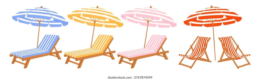Beach umbrella and lounge chair set, summer seaside furniture with striped deck chair and parasol. Flat doodle hand drawn illustration in pastel colors with relaxing vacation elements. For textile, packaging, social media, poster and print