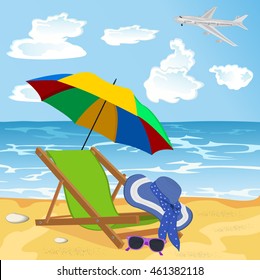 beach with umbrella, lounge chair, sun glasses, hat, design elements, vector illustration 
