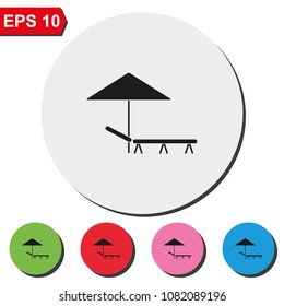 Beach umbrella and lounger flat round colorful vector icon.