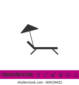 Beach umbrella and lounger icon flat. Black pictogram on white background. Vector illustration symbol and bonus button