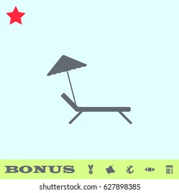 Beach umbrella and lounger icon flat. Grey pictogram on blue background. Vector illustration symbol and bonus buttons medal, cow, earth, eye, calculator