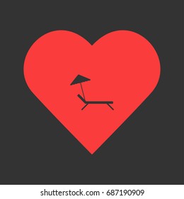 Beach umbrella and lounger icon flat. Simple pictogram on heart background. Vector illustration symbol