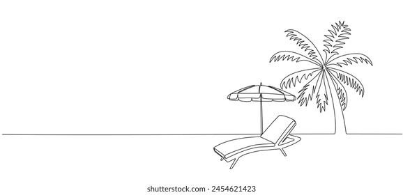 Beach umbrella and lounger near palm tree , continuous editable single line drawing. Concept of summer vacation, vacation at the seaside. Vector illustration