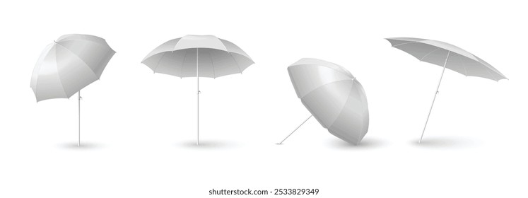 Beach umbrella mockups set isolated on white background. Vector realistic illustration of open sunshade parasol with blank surface for branding, garden or poolside protective accessory, vacation relax