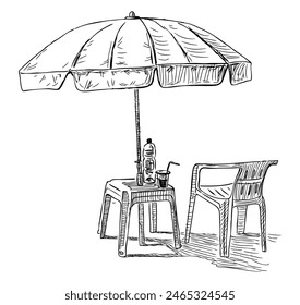 Beach umbrella, nobody, resort, vacation, sunbathing, relaxing, beach holidaq, contour drawing, realistic, vector, sketch, isolated on white