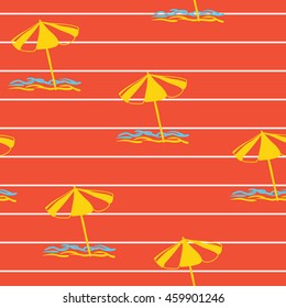 Beach umbrella on a red background. Strips. Vector seamless pattern . Marine theme. 