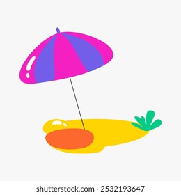 Beach umbrella on sand in flat vector illustration symbolizing vacation, relaxation, and summer holiday, isolated on white background.