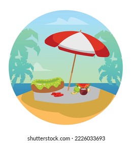 Beach umbrella on sand with flippers, fruits and swimming ring, flat vector illustration isolated on white background. Round or circle icon with concepts of beach, relax, sea and travel.