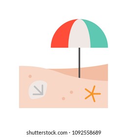 Beach umbrella on beach scene with shell and starfish, flat icon