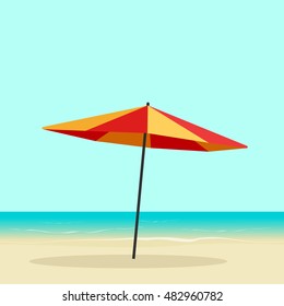 Beach umbrella on seaside vector illustration, flat cartoon sea coast with sun umbrella on sand beach, colorful orange parasol on seascape horizon