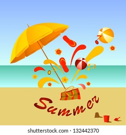 Beach  umbrella on sunny sea shore. Vector illustration.