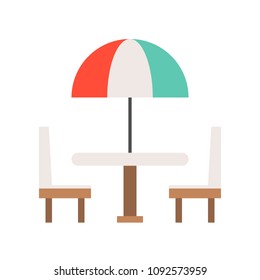Beach umbrella on table and chair flat icon
