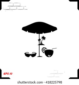 Beach umbrella and palm icon. Simple black vector symbol. Logo for web. Image for business.