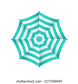 Beach Umbrella. Parasol For Sand Beach, Sun, Summer And Pool Top View. Sunshade For Chair On Sea. Green-white Striped Realistic Object With Shadow. Vector.