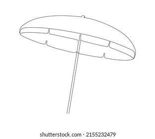 Beach umbrella, parasol for summer holiday, continuous one line drawing. Sunshade equipment. Summertime relax on coast of sea. Vector outline