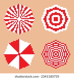 Sonnenschirm-Pixelsymbole setzen. Draufsicht