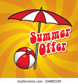 Beach umbrella and playing ball on dynamic background, summer sea time, special offer travel concept, vector illustration