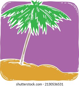 Beach umbrella protecting from sun shine. Relax in hot day in a shade in paradise on the sea coast shore sand. Background for poster or card. Hand drawn retro vintage colorful old style illustration.
