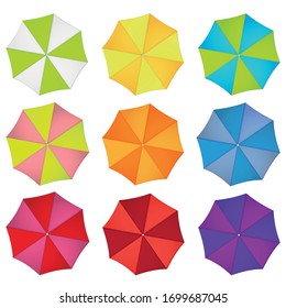 Beach umbrella rainbow colors set isolated on white background
