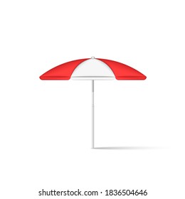 Beach umbrella realistic 3d model isolated on white, vector illustration, open parasol with striped red-white canopy protecting from sunlight.