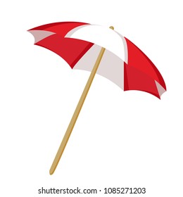 Beach umbrella of red color in a white strip. Beach, summer, sea, rest, comfort, holidays. Protection from the sun, against burns. Modern vector flat design image isolated on white background.