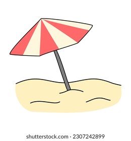 Beach umbrella red and white in sand, vacation and travel concept, doodle style vector