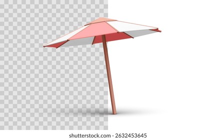 Beach Umbrella With Red and White Stripes, Minimal 3D Style. Great for Summer, Vacation, Resort, and Travel Concepts. Clean and Playful Visual for Seasonal Projects. Vector Illustration.