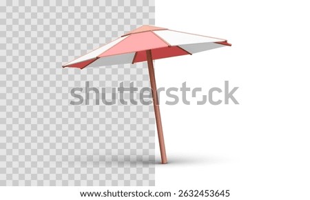 Beach Umbrella With Red and White Stripes, Minimal 3D Style. Great for Summer, Vacation, Resort, and Travel Concepts. Clean and Playful Visual for Seasonal Projects. Vector Illustration.