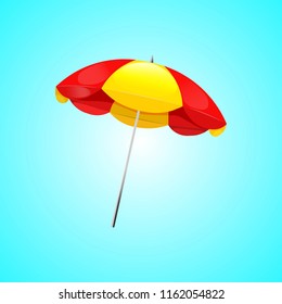 Beach umbrella Red and Yellow isolated on blue background. The symbol of a holiday by the sea. Beach umbrella isolated on blue background. Vector illustration EPS 10.