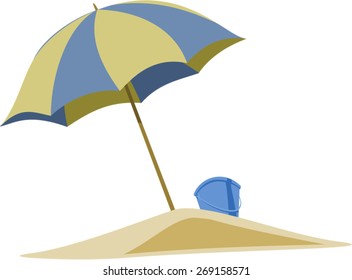 Beach umbrella with sand and bucket