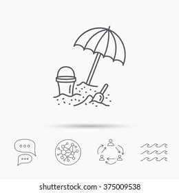 Beach umbrella in sand icon. Bucket with shovel sign. Baby summer games symbol. Global connect network, ocean wave and chat dialog icons. Teamwork symbol.