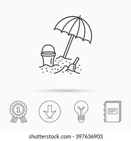 Beach umbrella in sand icon. Bucket with shovel sign. Baby summer games symbol. Download arrow, lamp, learn book and award medal icons.