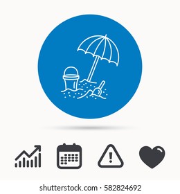Beach umbrella in sand icon. Bucket with shovel sign. Baby summer games symbol. Calendar, attention sign and growth chart. Button with web icon. Vector