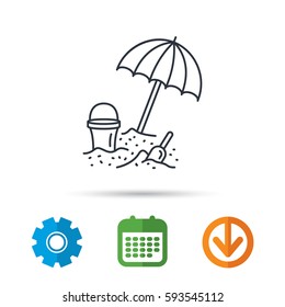 Beach umbrella in sand icon. Bucket with shovel sign. Baby summer games symbol. Calendar, cogwheel and download arrow signs. Colored flat web icons. Vector