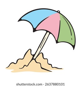 Beach umbrella in the sand on the seashore. Simple hand drawn vector doodle illustration isolated on white background for print, icon, sticker