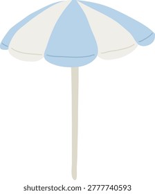 Beach umbrella with scalloped canopy on a pole, clean lines and soft shading. Symbol of vacation, relaxation, summer shelter, and outdoor leisure. Cartoon vector illustration.