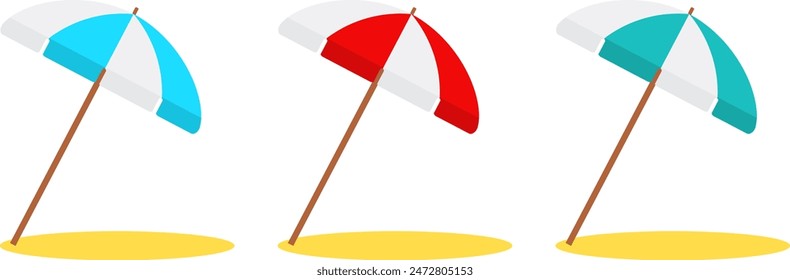 Beach umbrella, set of multi-colored beach umbrellas, with shadow, isolated on a white background. Vector, design illustration. Vector.