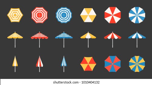 Beach Umbrella Set, Side And Aerial View, Flat Design Pixel Perfect Icon On Grid System