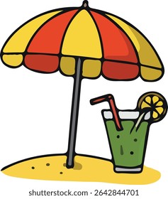 A beach umbrella shades a glass of green beverage with a lemon slice on a beach.