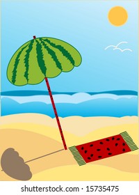 Beach umbrella in shape watermelon on a beach sunny day