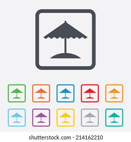 Beach umbrella sign icon. Protection from the sun. Round squares buttons with frame. Vector