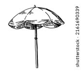 Beach umbrella sketch clipart. Summer leisure vacation attribute doodle isolated on white. Hand drawn vector illustration in engraving style.