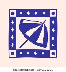 Beach umbrella stamp, hand drawn summer doodle print. Beach, marine and Mediterranean vibes. Retro postcard-style clipart in coastal, naive design. Perfect for travel, fashion, and decor.