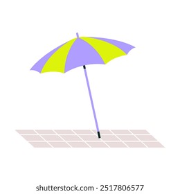 Guarda-chuva de praia em pé em uma superfície ladrilhada projetando uma sombra, simbolizando relaxamento ao ar livre, sombra e proteção solar, ilustração vetor plana isolada em fundo branco.