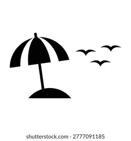 A beach umbrella stands alone on a sunny day with three birds flying nearby, evoking a sense of relaxation and freedom in a serene outdoor setting, perfect for travel and leisure concepts.