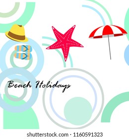 beach umbrella starfish hat flip flops beach holiday vector background