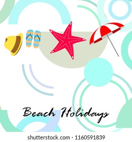 beach umbrella starfish hat flip flops beach holiday vector background