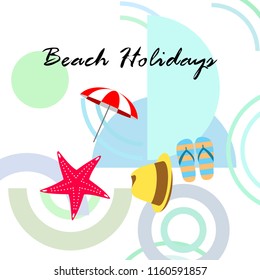beach umbrella starfish hat flip flops beach holiday vector background